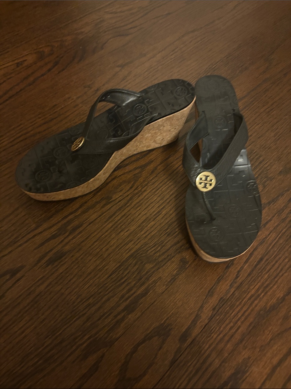 Tory Burch Black Wedge Thong Sandals with Gold Logo